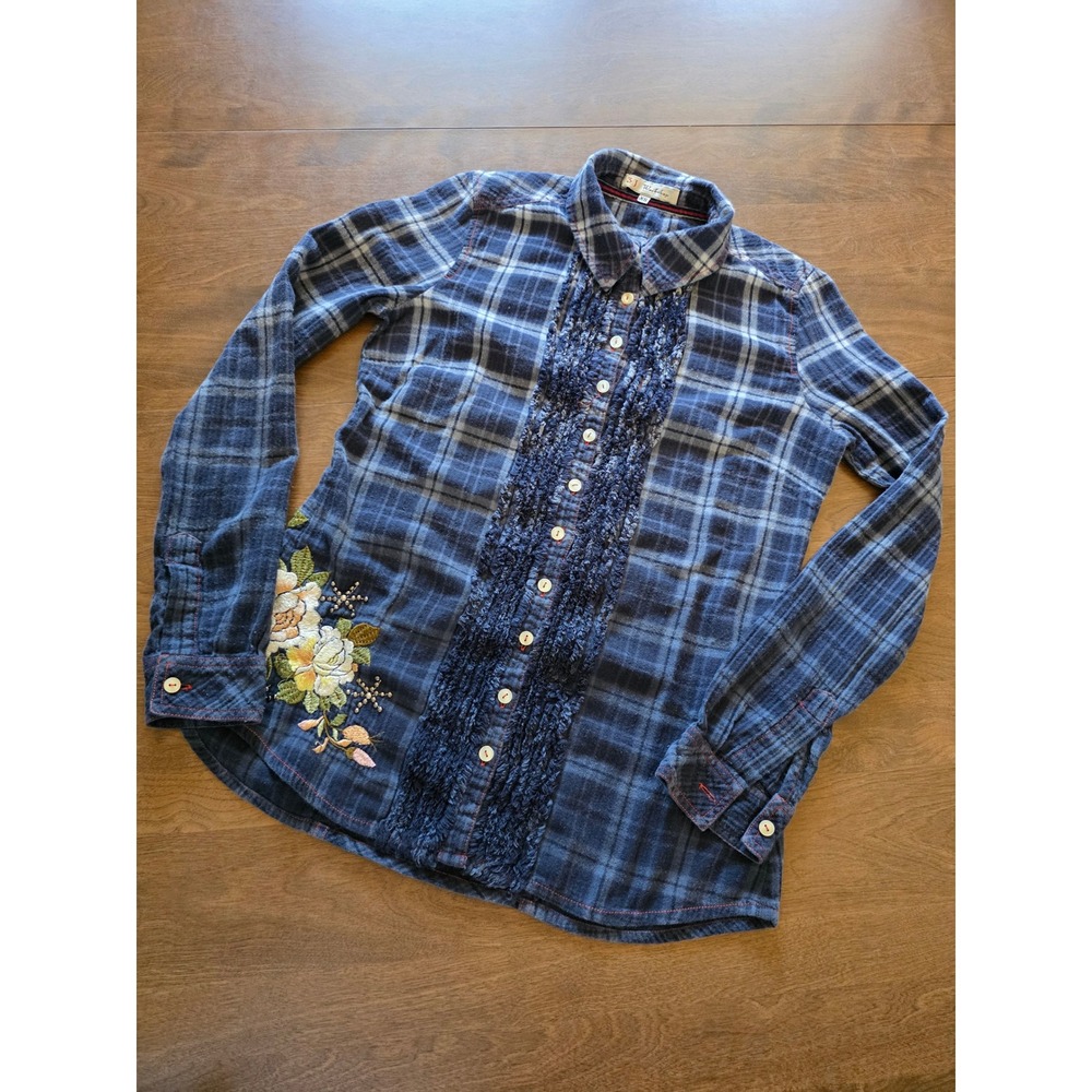 3J Workshop Johnny Was Navy Blue Plaid Embroidered Ruffle Button Down Shirt XS